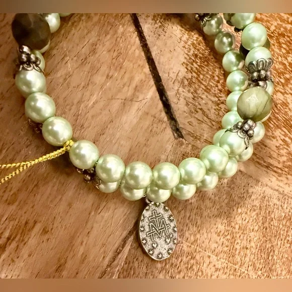 NWT Green Connemara Marble Faux Pearl Coil Rosary Bracelet, Made in Ireland, QVC - Picture 4 of 11